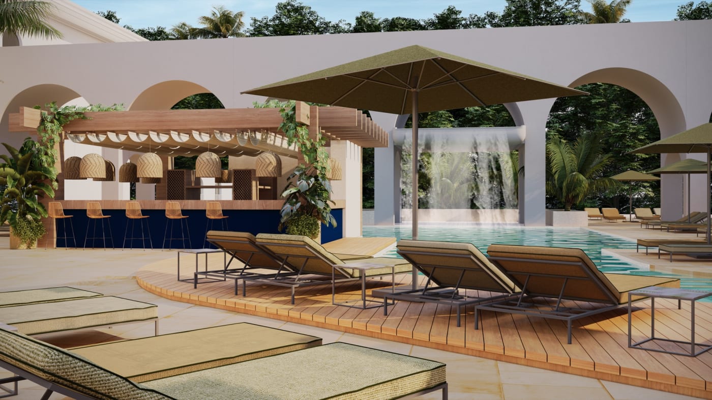 Rendering of the pool bar at Tropical Hotel da Amazonia in Manaus, wooden pergola and sun loungers