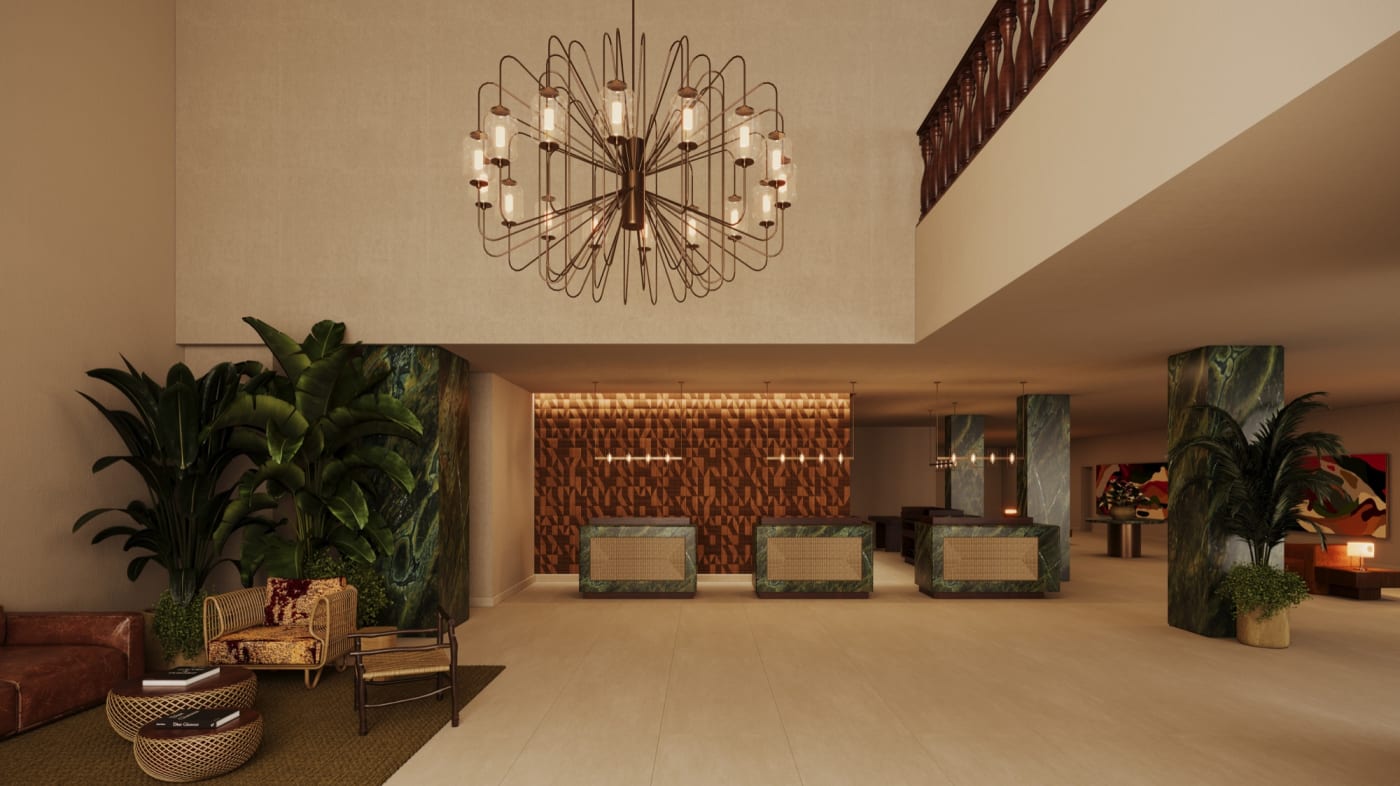 Rendering of the lobby at Tropical Hotel da Amazonia in Manaus, chandelier, green marble columns and cane counters