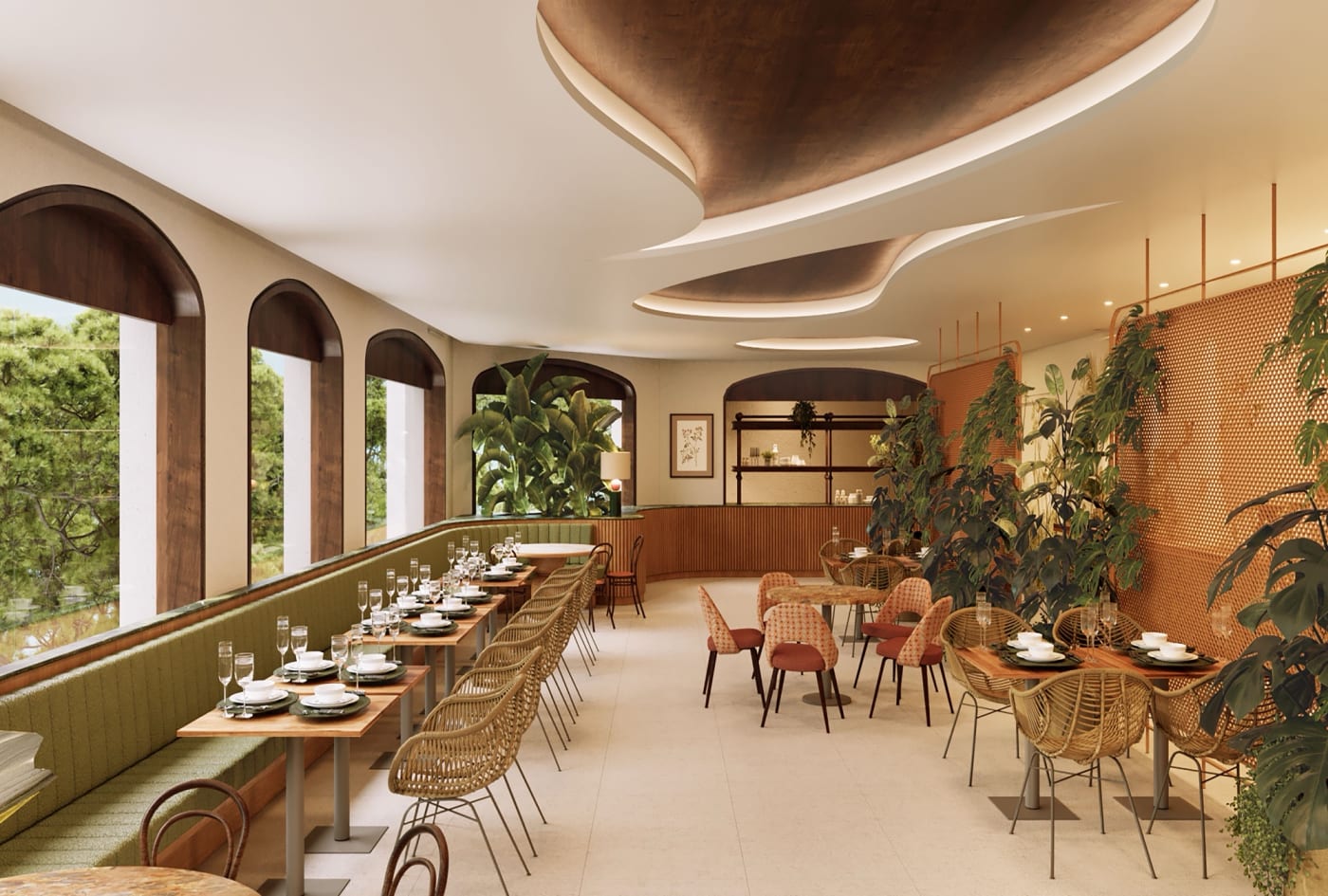 Rendering of the restaurant at Tropical Hotel da Amazonia in Manaus, arched windows, green banquette and rattan chairs