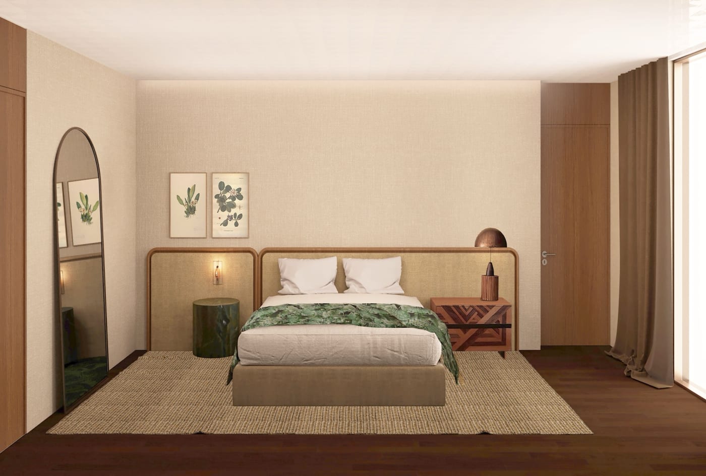 Rendering of a room at Tropical Hotel da Amazonia in Manaus, cane headboard and botanical prints