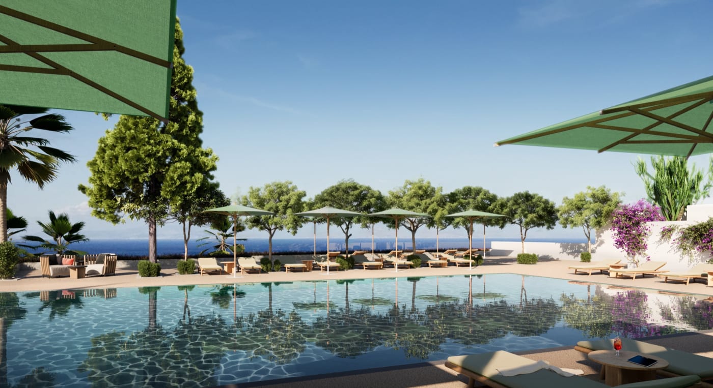 Recreación de la piscina del Kimpton Villa Miramare Taormina frente al mar Jónico