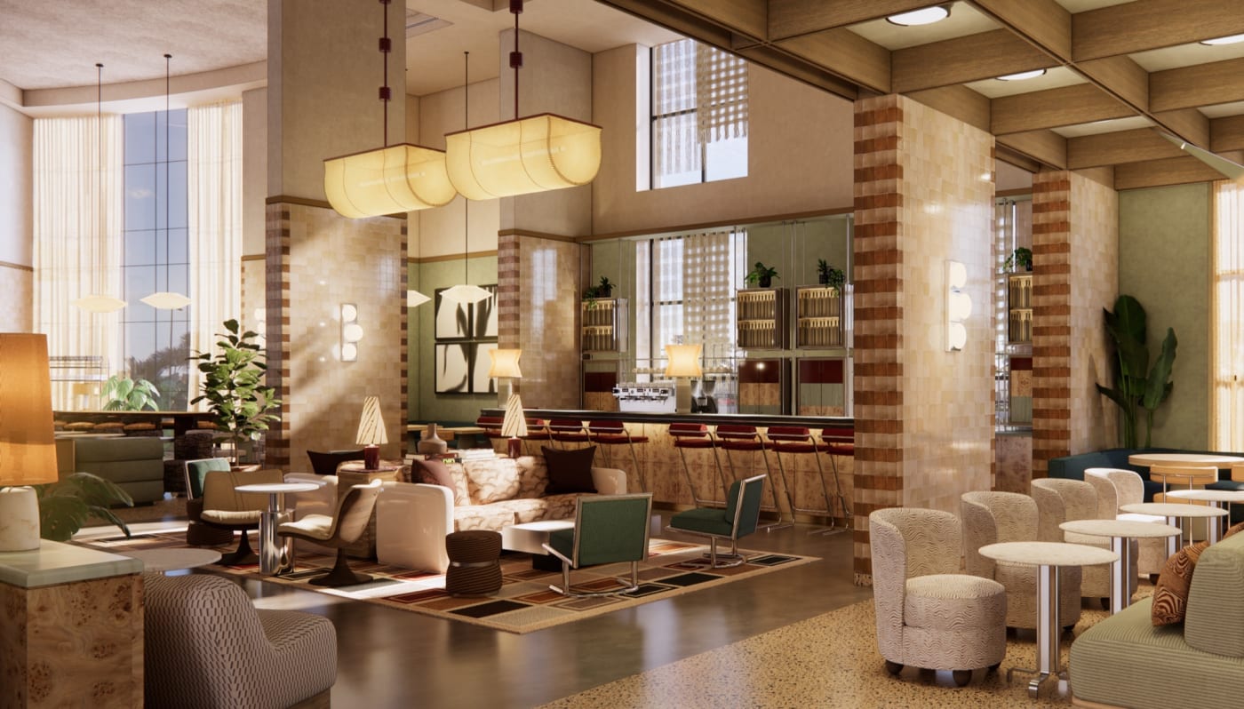 Rendu du lobby et du bar du Delano Puglia, double hauteur, suspensions et fauteuils clairs