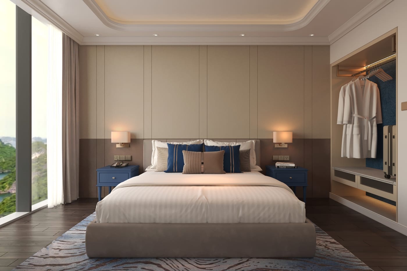Chambre du Centara Van Don avec grand lit et porte-fenêtre sur une terrasse face à la baie