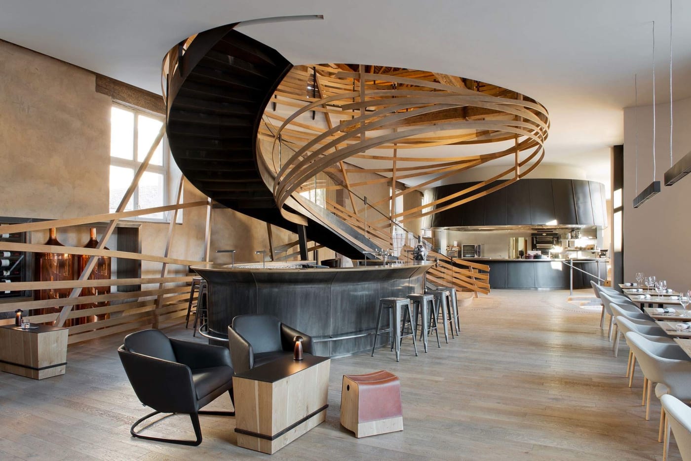 The Brasserie des Haras and its wooden spiral staircase