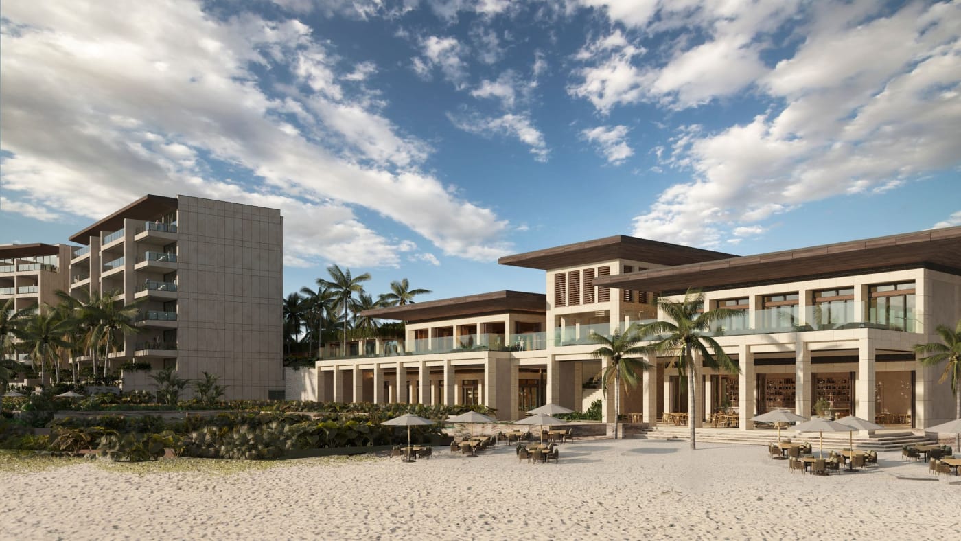 Rendering eines Restaurants am Strand vor den Gebäuden des Park Hyatt Riviera Maya