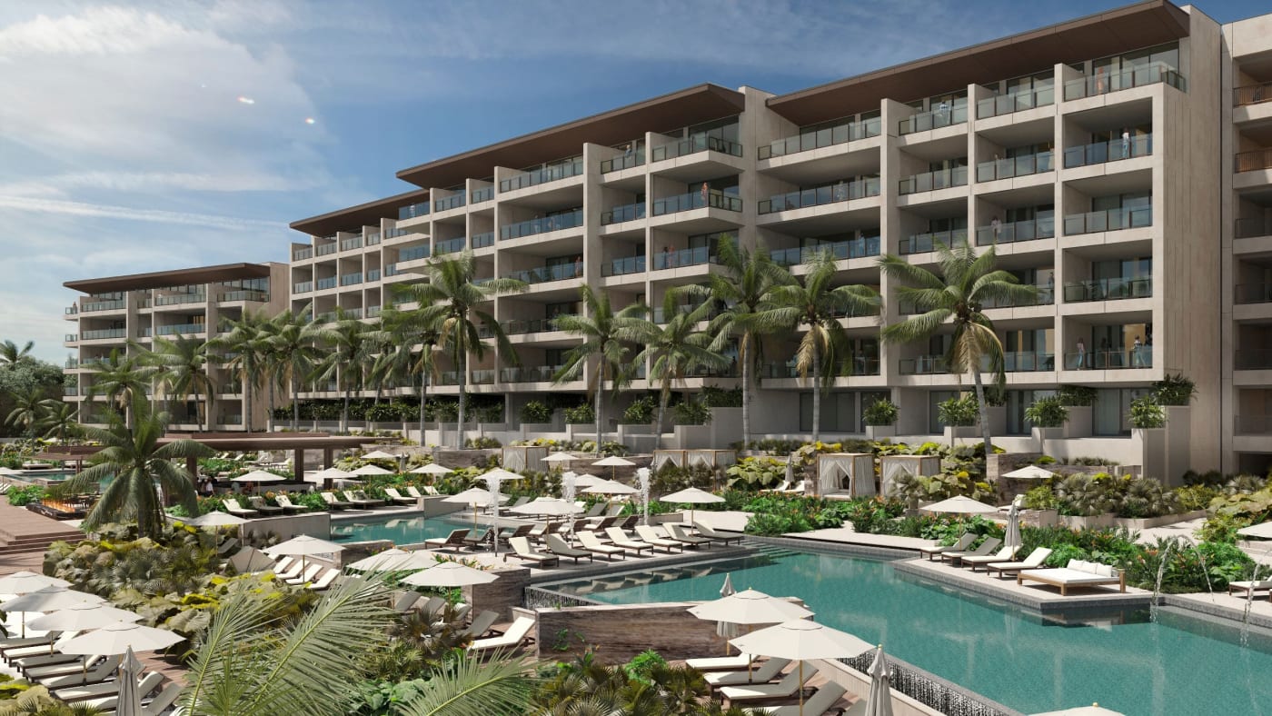 Rendering der von Palmen gesäumten Pools am Fuße der Gebäude des Park Hyatt Riviera Maya