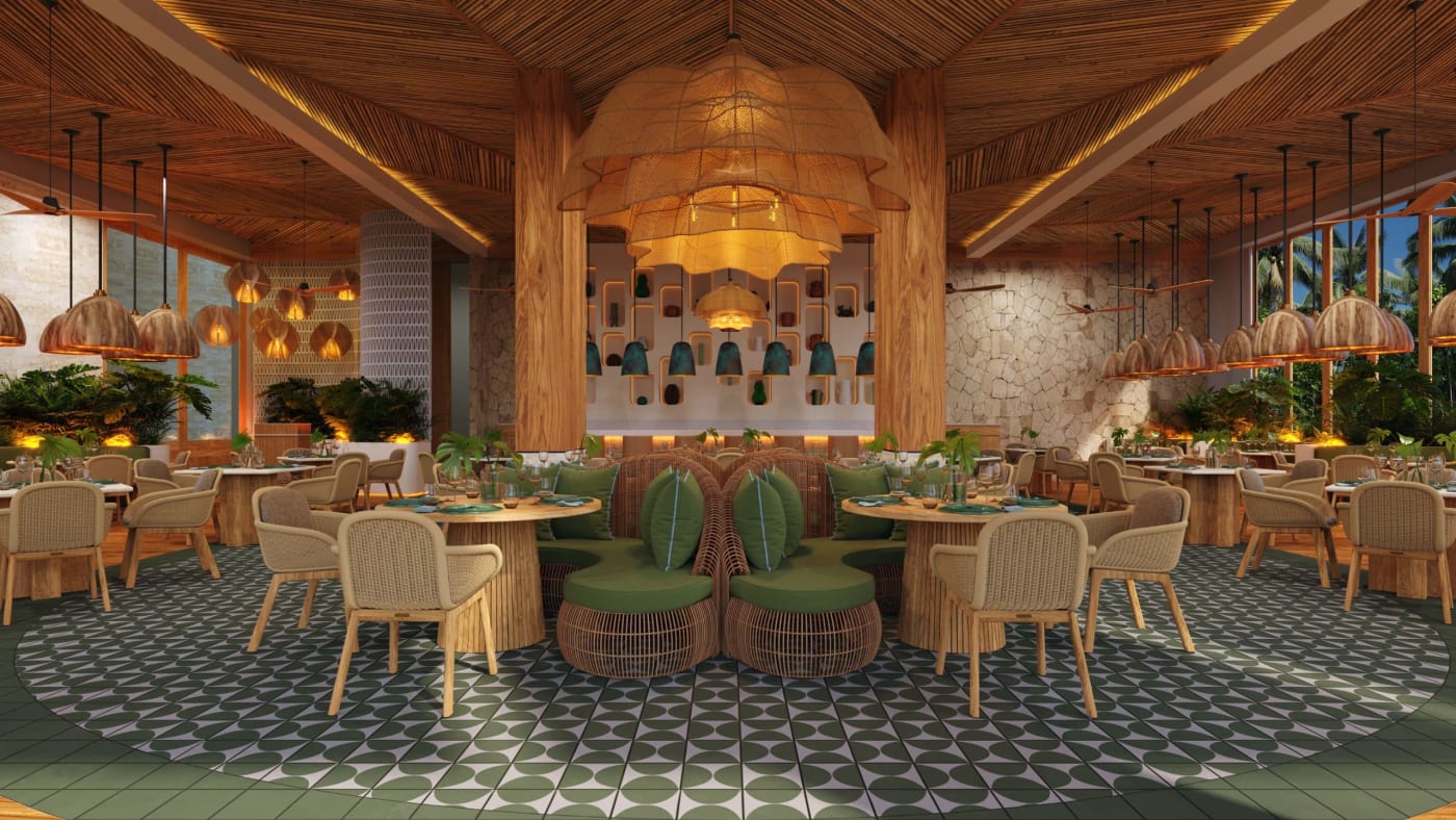 Rendering des Restaurants IK'AL mit seinen Hängelampen aus Naturfasern