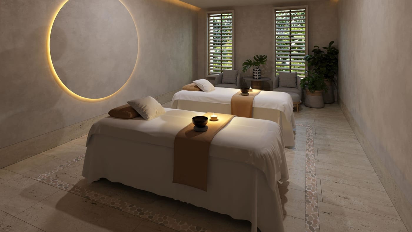 Rendering einer Behandlungskabine für zwei Personen im Velara Spa des Park Hyatt Riviera Maya