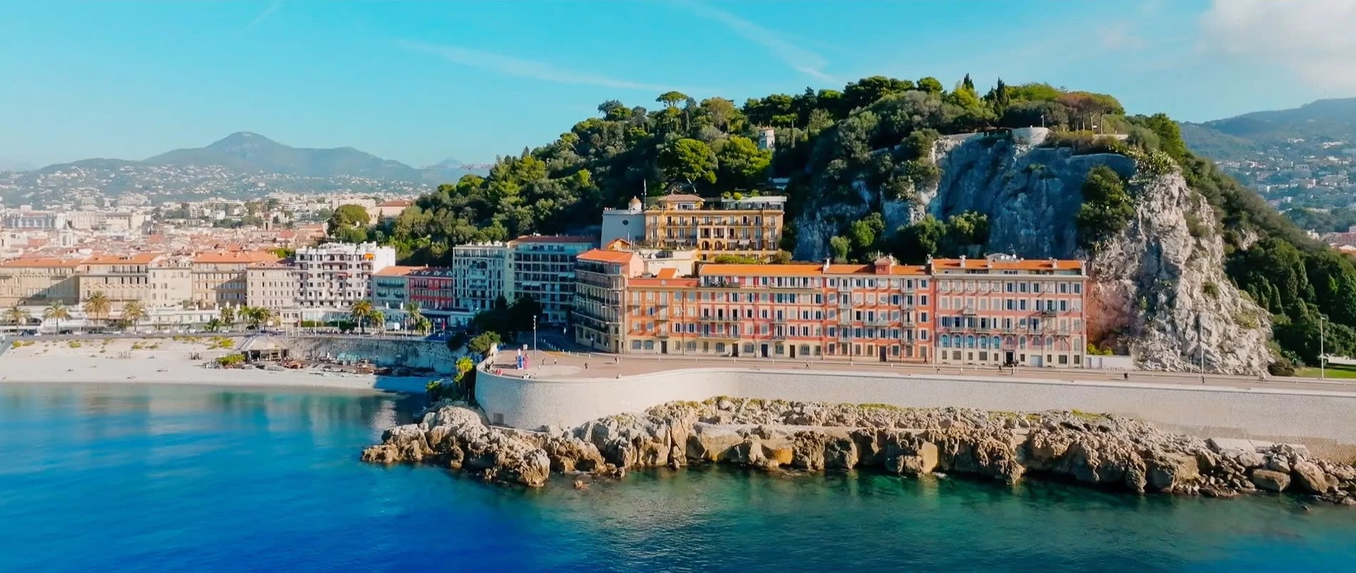 Aerial view of Nice, the Baie des Anges and the Château hill where Hôtel La Pérouse is located