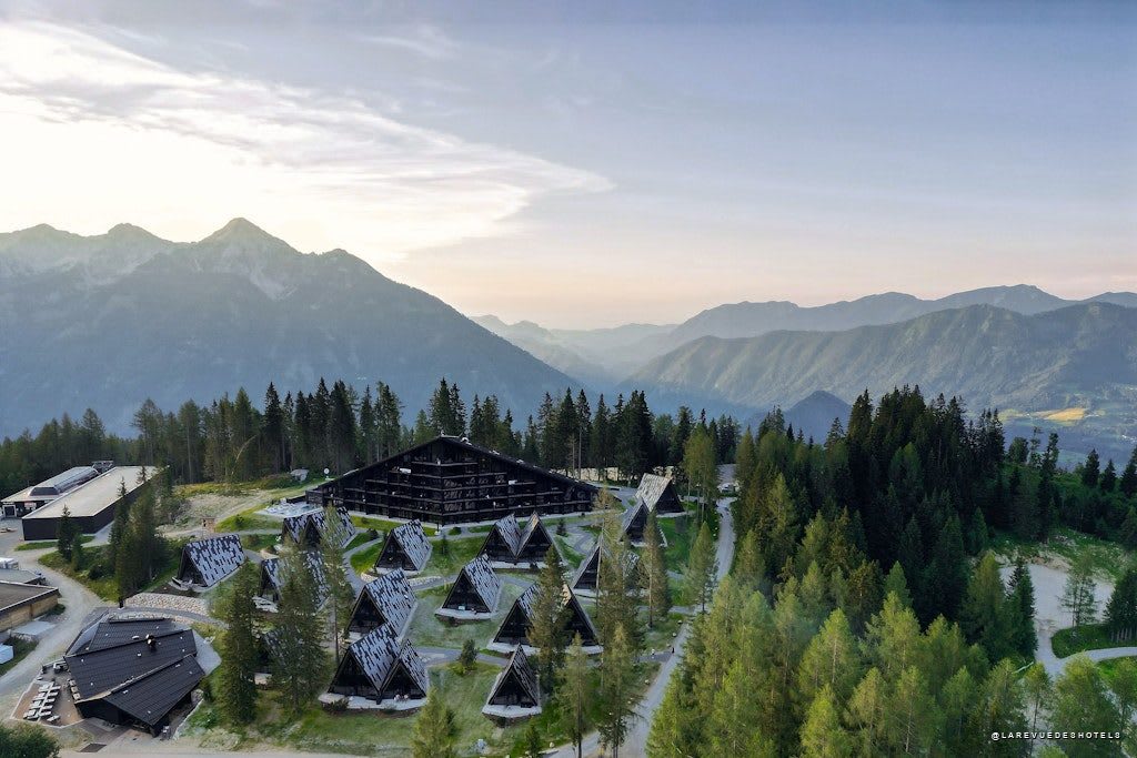 The Triforêt alpin.resort in Hinterstoder seen from the sky