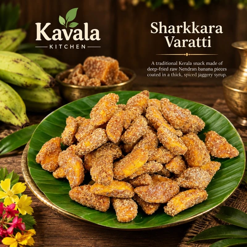 Photograph of jaggery coated banana chips, each piece separate and matte