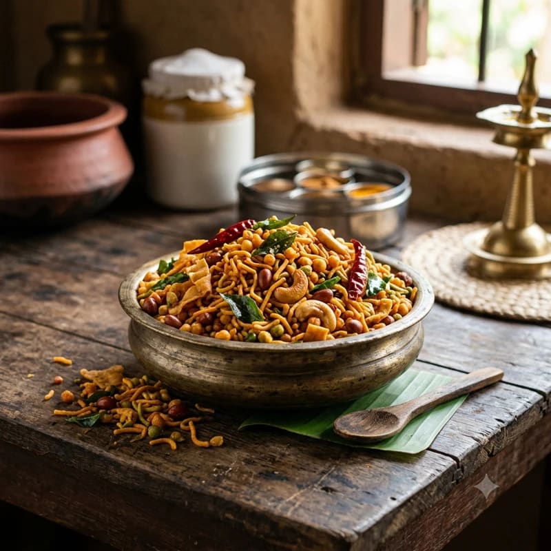 Photograph of mixture in a wide steel basin, fried curry leaves scattered across the top