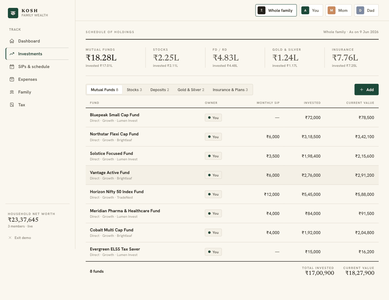 Investments screen showing mutual funds, stocks, FDs, gold and insurance tabs