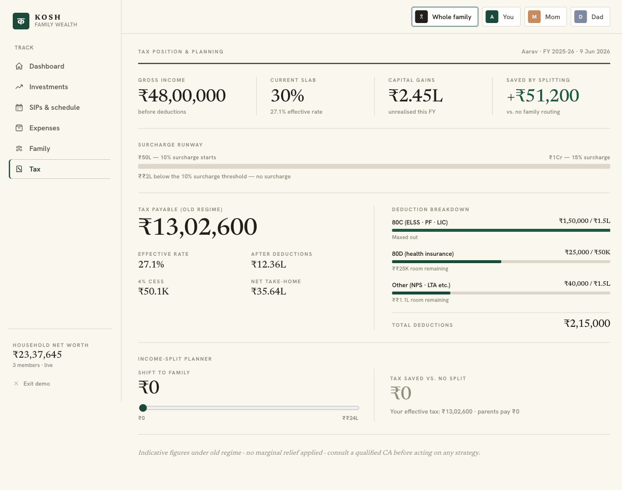 Tax view showing income breakdown, capital gains, and deductions