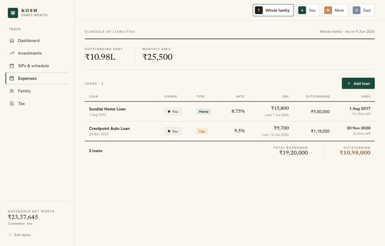 Expenses screen showing active loans and insurance premiums