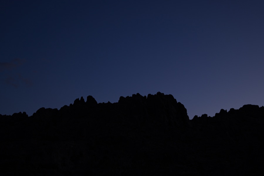 blue hour view of the sawtooth canyon ridgeline