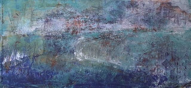 Colors blend aquas and blues across the water to the coast beyond