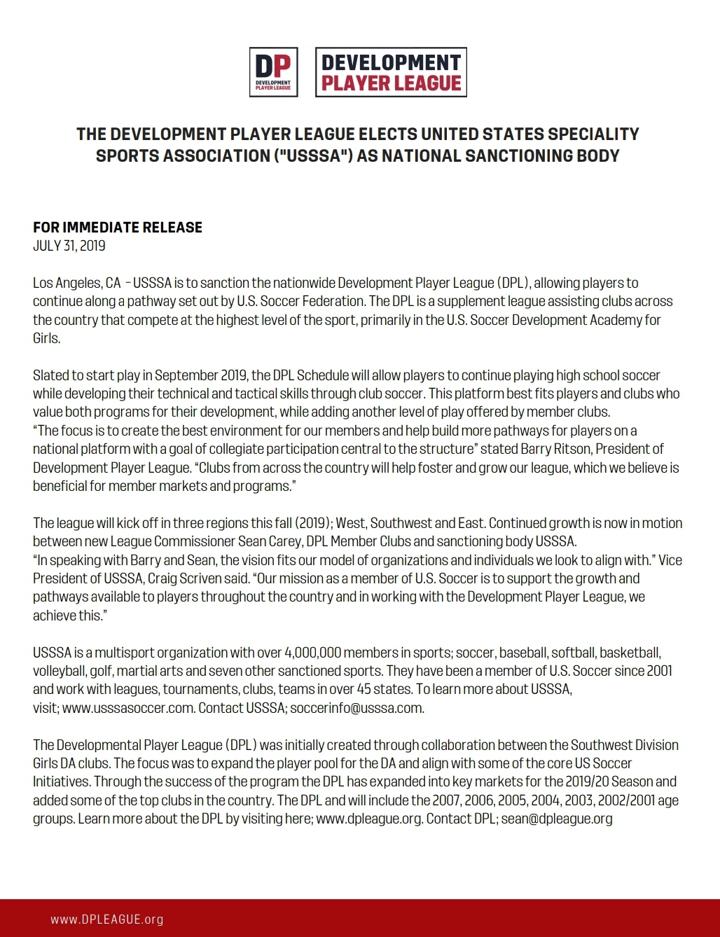 USSSA Elected as the DPL National Sanctioning Body USSSA Elected as the DPL National Sanctioning Body