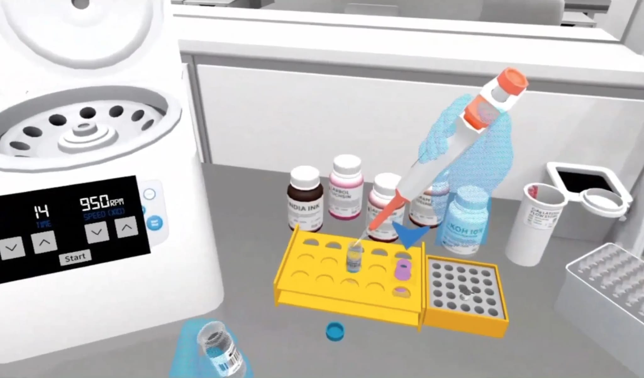 First-person view inside the virtual laboratory: a gloved hand holds a pipette over a yellow tube rack beside bottles of India ink, carbol fuchsin, safranin, Gram's iodine and 10% potassium hydroxide, with a benchtop centrifuge at left.