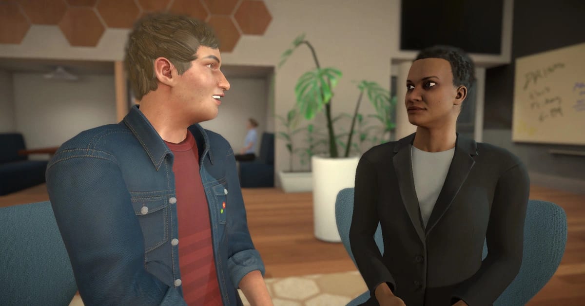 Two 3D avatars, a man in a denim jacket and a woman in a dark blazer, seated across from each other in a virtual office during a negotiation exercise