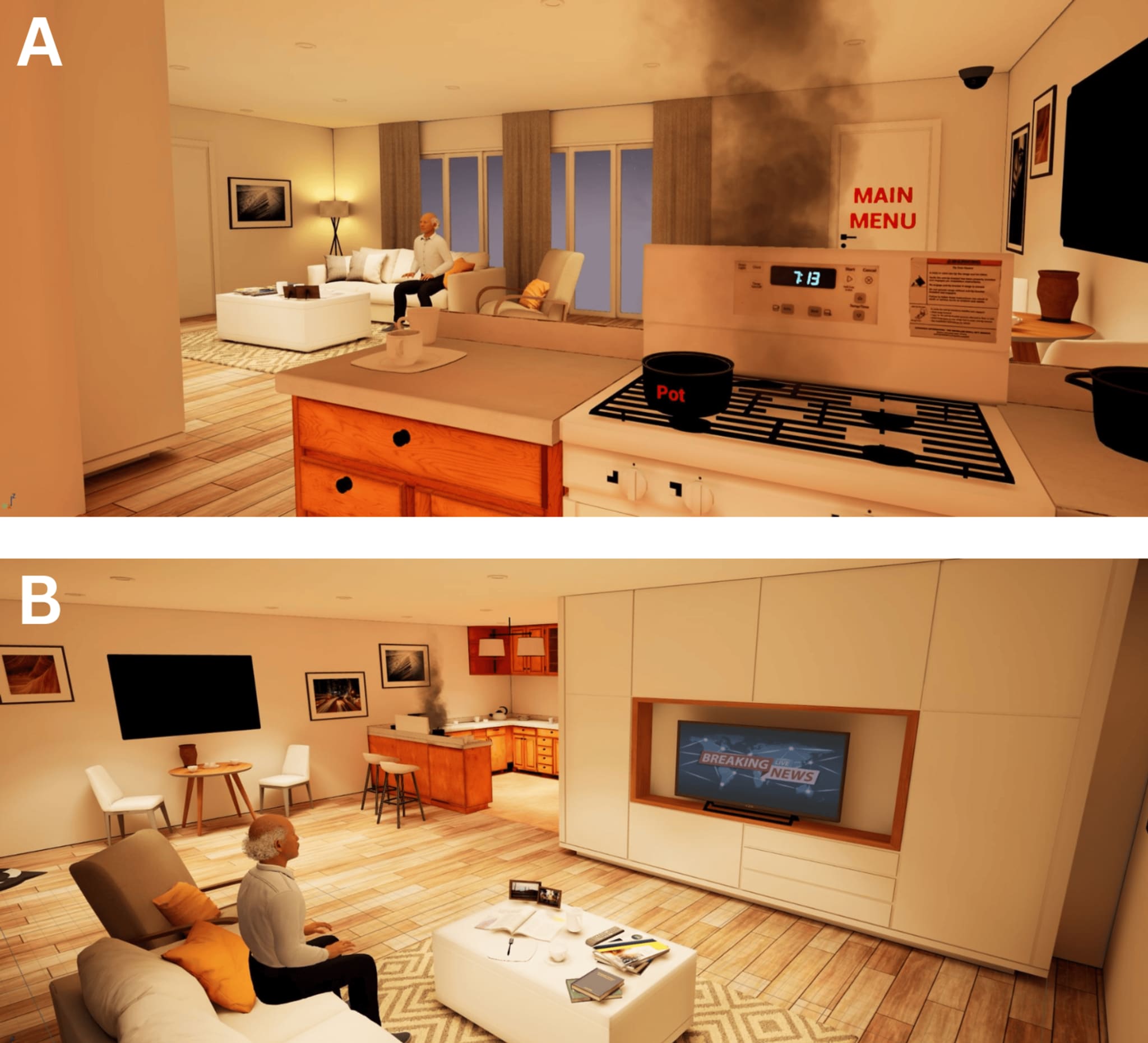 Two viewpoints inside the crisis-intervention VR scenario: a pan smoking on a stove in an open-plan home, with an older male avatar seated in the living room