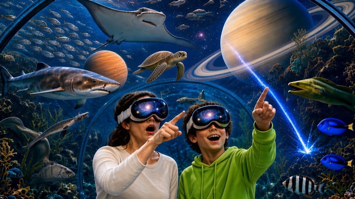 Two people in VR headsets explore oceanic life with planets and stars above at Ripley's Aquarium of the Smokies.