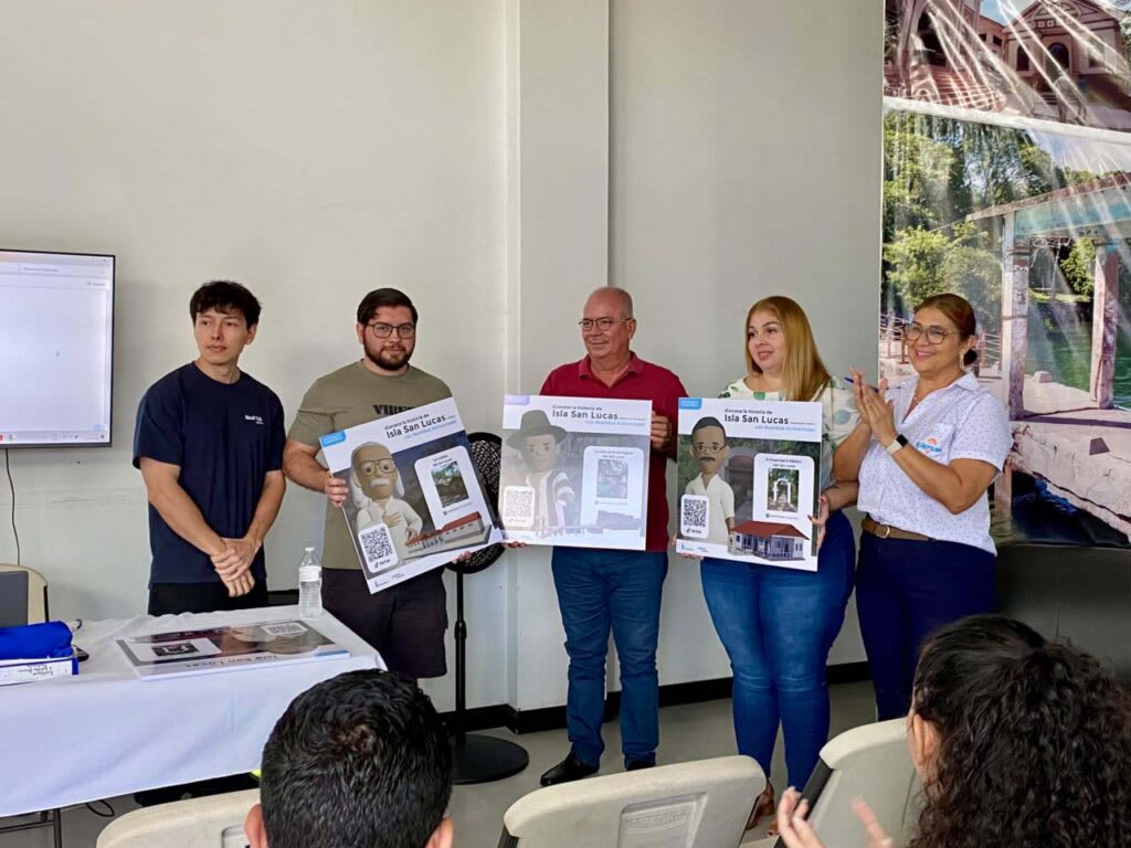 Five people hold up three Isla San Lucas augmented reality posters featuring cartoon historical figures and QR codes