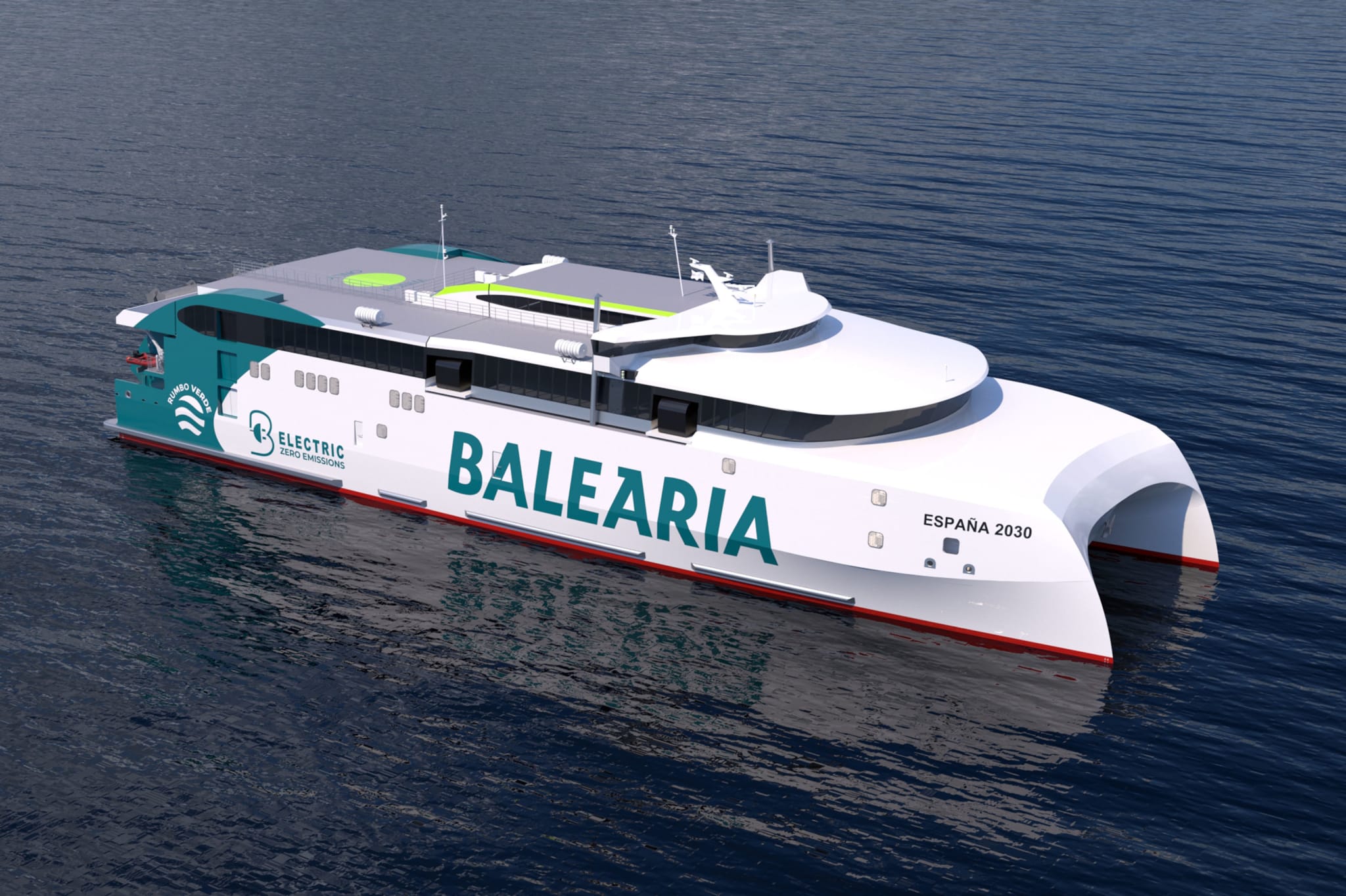 Render of the all-electric catamaran ferry España 2030 under way at sea in Baleària livery