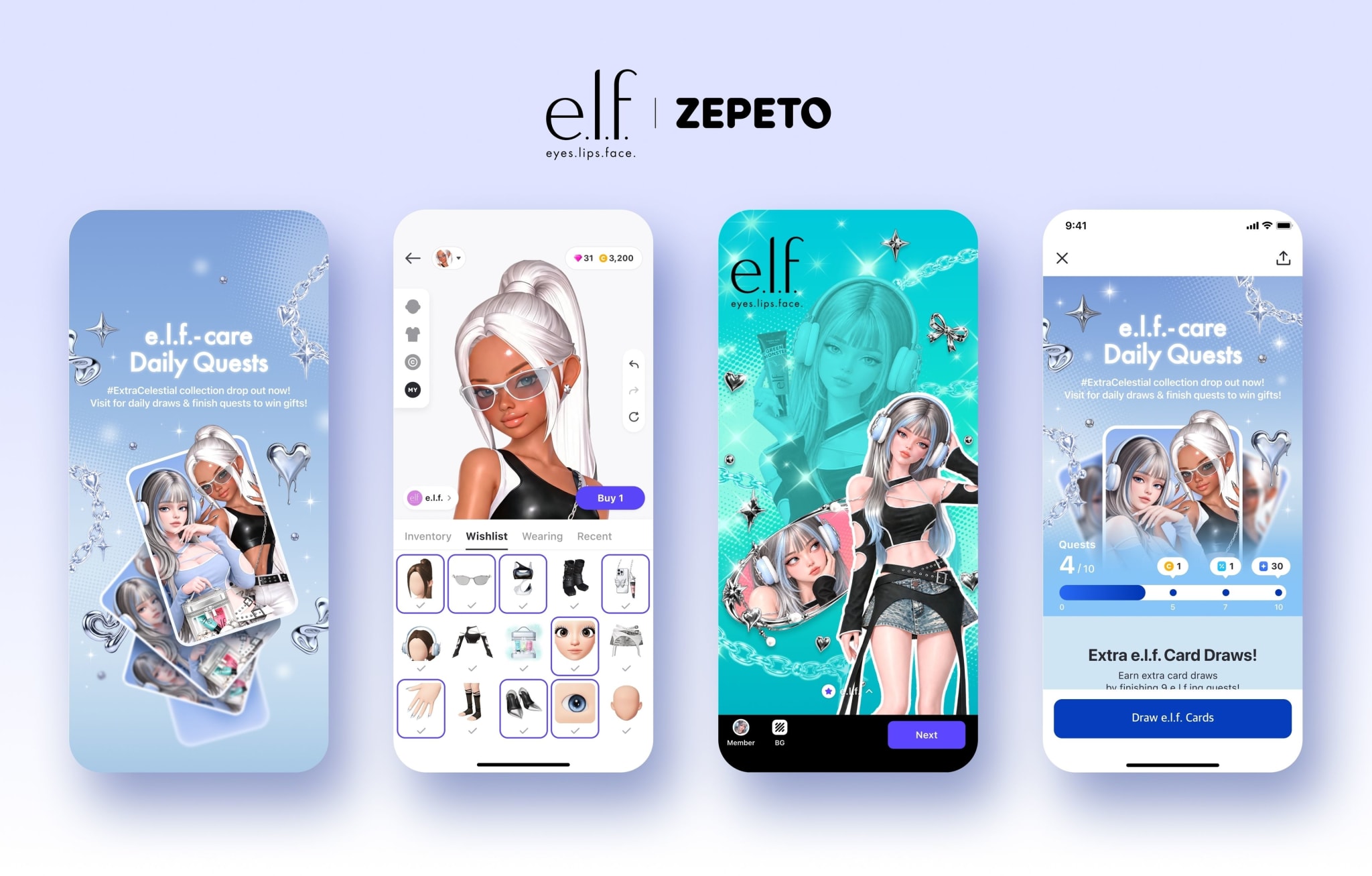 Illustrative composite of four phone-shaped panels showing rendered ZEPETO avatars, an avatar styling inventory, e.l.f. artwork and a daily quest screen.