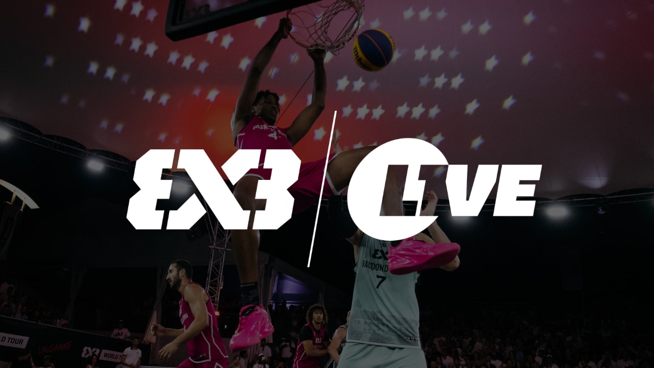 FIBA 3x3 and L1VE logos over a darkened photo of a player dunking at a FIBA 3x3 World Tour game