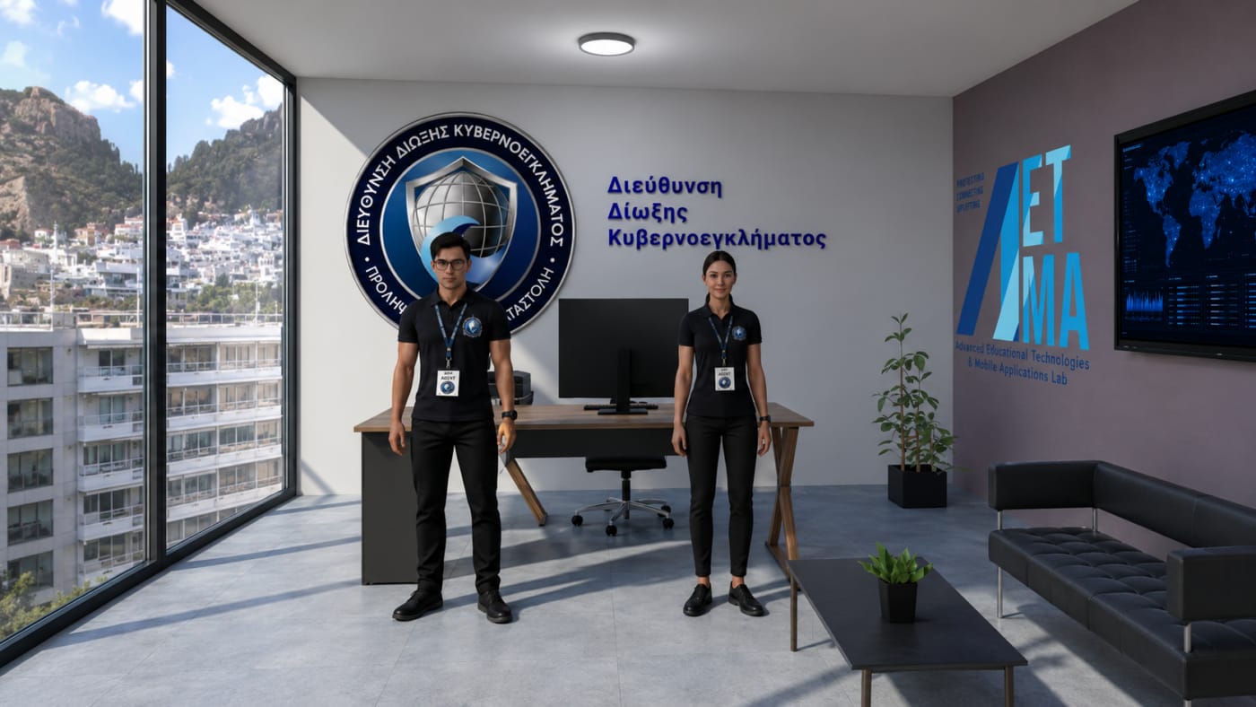 Rendered 3D interior of the Cyber Crime Division office with the two digital agents Michail and Nemesis standing in front of a desk, the Division crest on one wall and the AETMA Lab logo on another