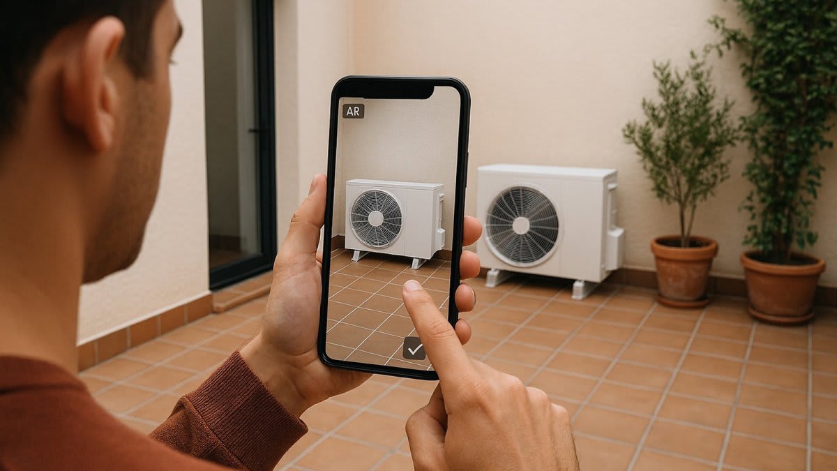 A man on a tiled terrace holds up a phone whose screen, badged AR, shows a white outdoor heat pump unit standing against the wall in front of him.