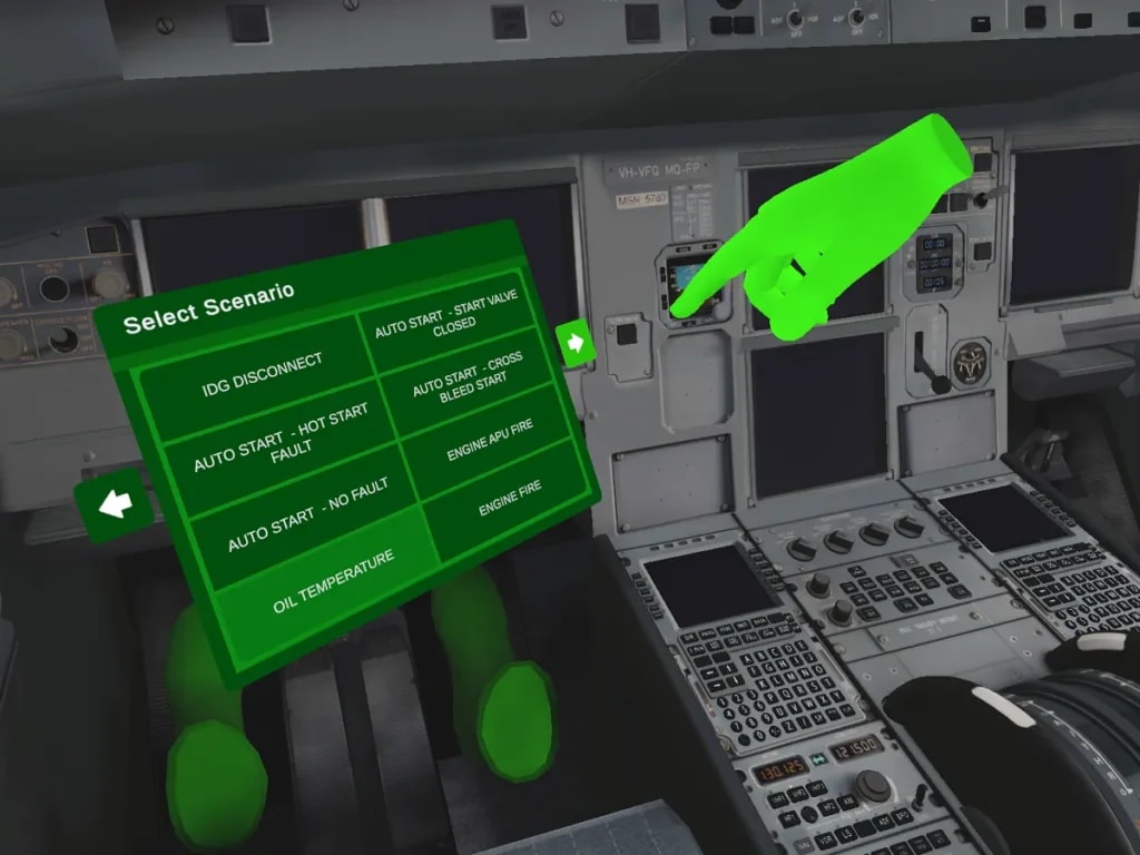 In-headset VR fault-scenario menu inside an aircraft cockpit replica during engine ground run training