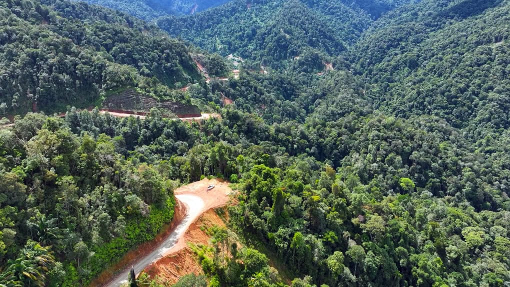 Aerial view of a winding dirt road cut through dense, green forested hills in northern Sarawak, East Malaysia, on the Sarawak Sabah Link Road Phase 2 alignment.