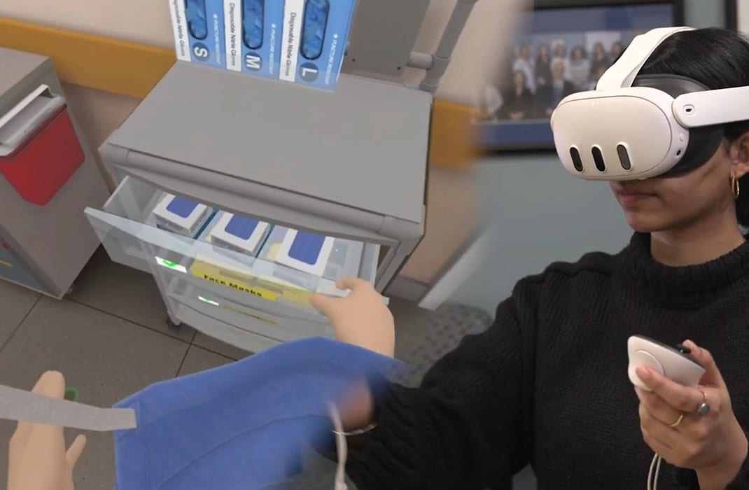 A side-by-side of a person wearing a virtual reality (VR) headset and a scene from a VR training in a medical setting