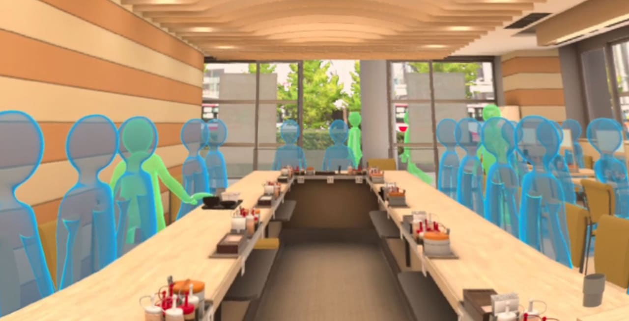 Computer-generated view down the counter of a Matsuya restaurant crowded with outlined figures standing in for waiting customers, used in the peak-time module.