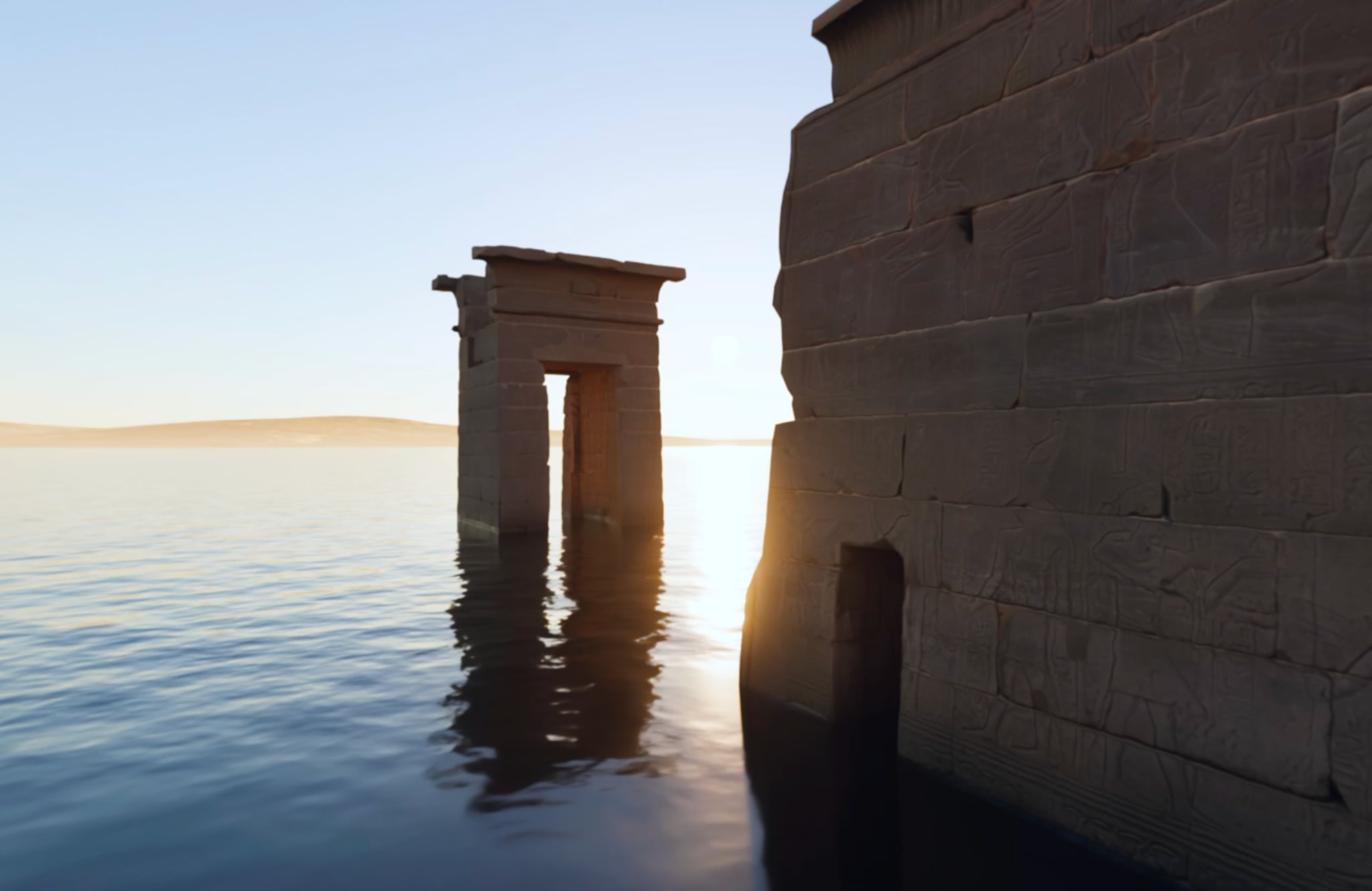 The Temple of Dendur partially submerged at sunset, as rendered in the virtual experience