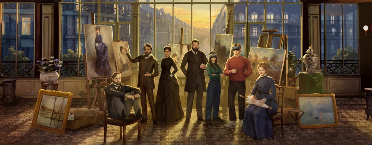 Visitors in virtual reality headsets walking through a reconstruction of the 1874 Impressionist exhibition in Nadar's studio