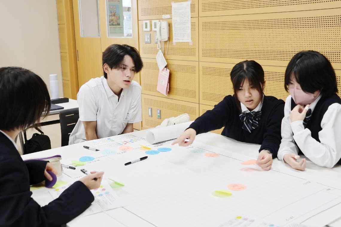 Four students around a table marking a large floor-plan sheet with coloured sticky notes and pens