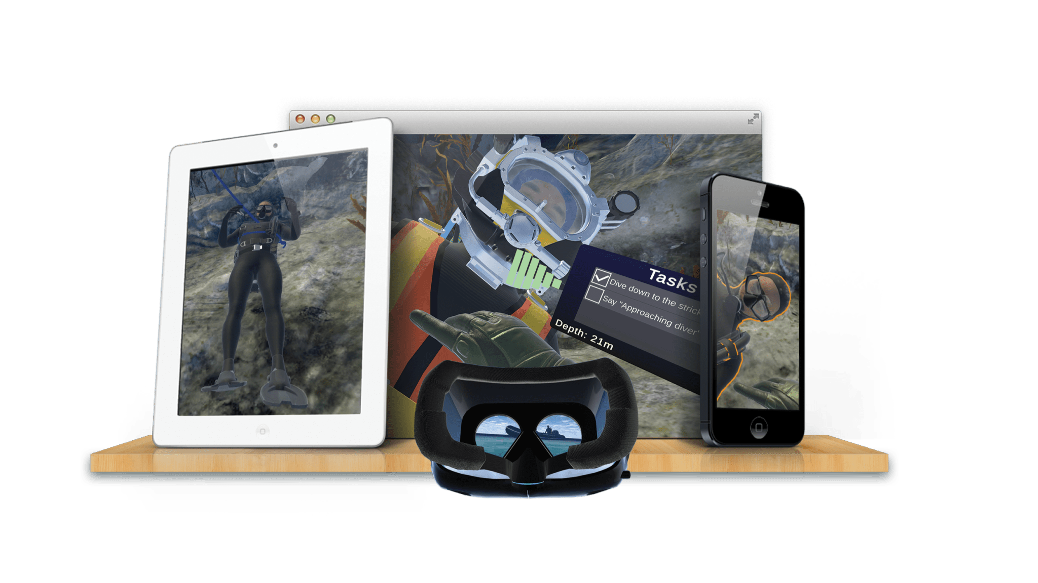 Scenes from the underwater diver rescue simulation shown on a tablet, monitor, phone and VR headset, including an on-screen task list and a 21m depth readout.