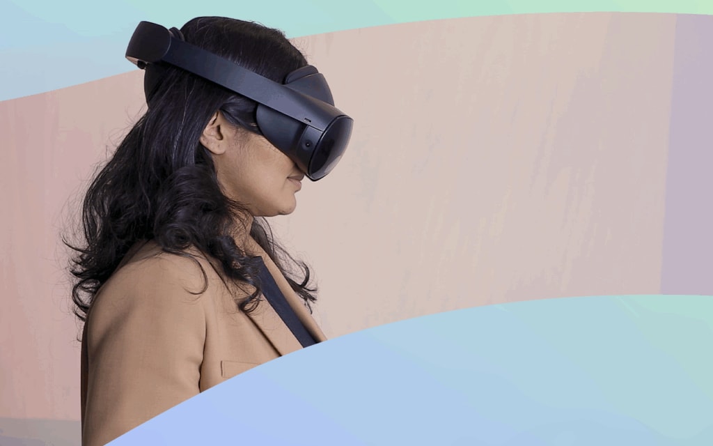 A person wearing a virtual reality head-mounted display during simulation training
