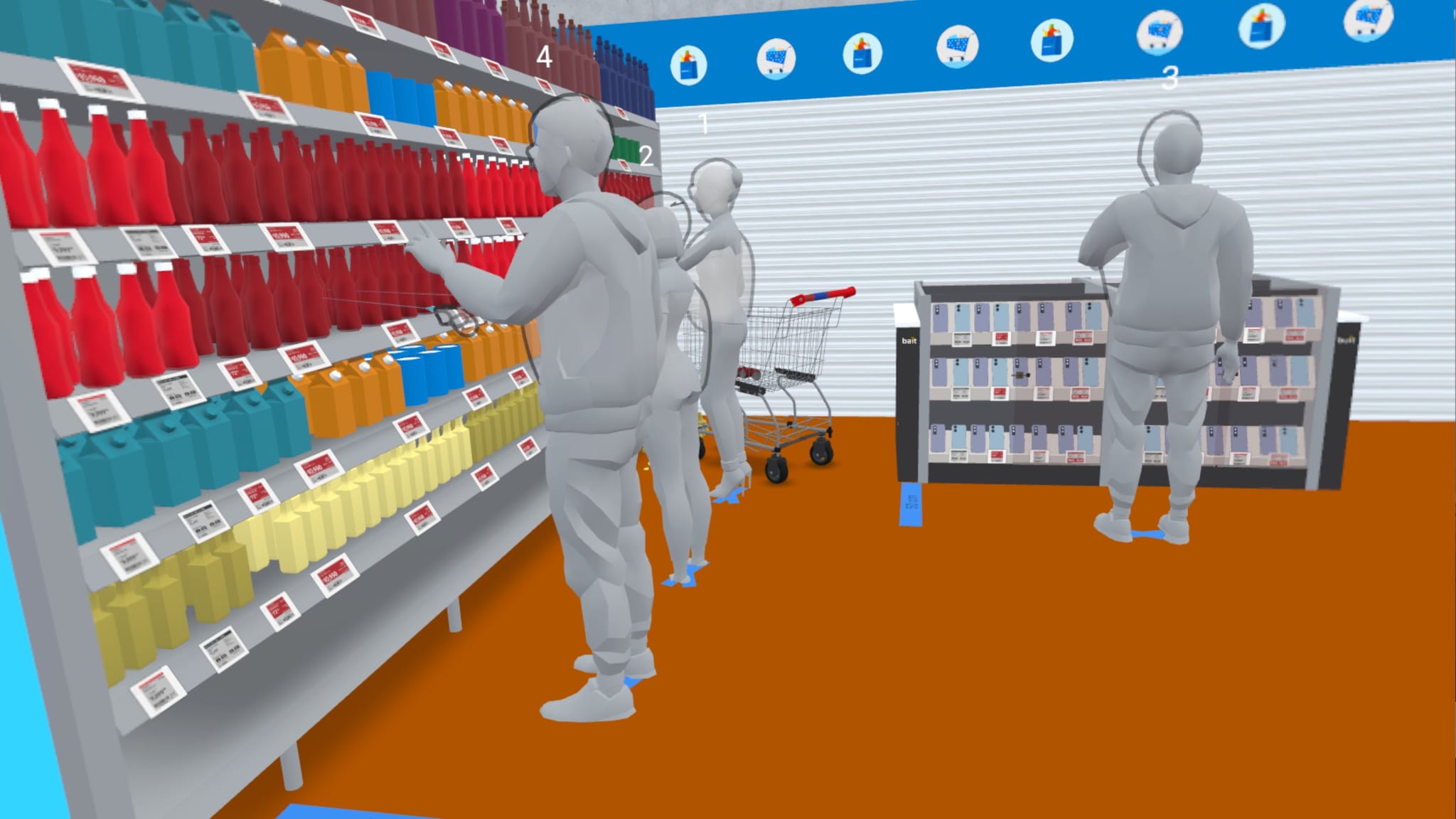 Low-poly virtual supermarket aisle in VR: bottles in colour-coded rows on shelving, an electronic shelf label at every facing, and four numbered grey reference avatars of different heights standing at the shelves with a trolley and a phone display unit.