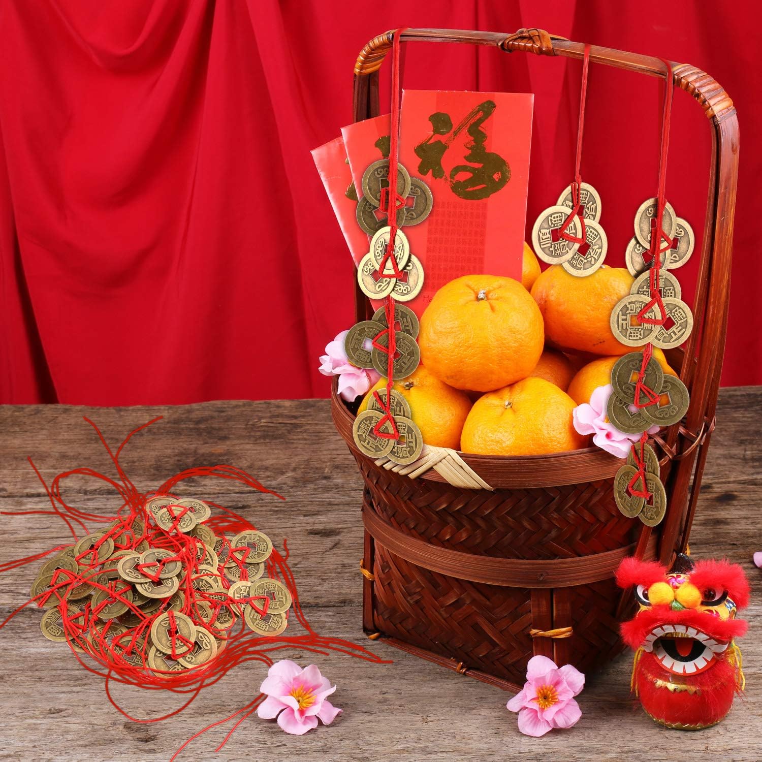Feng Shui Windspiel Aus Messing – 6 Röhren, 24 Cm, Mit Roten Glücksbändern, Für Harmonie & Wohlstand