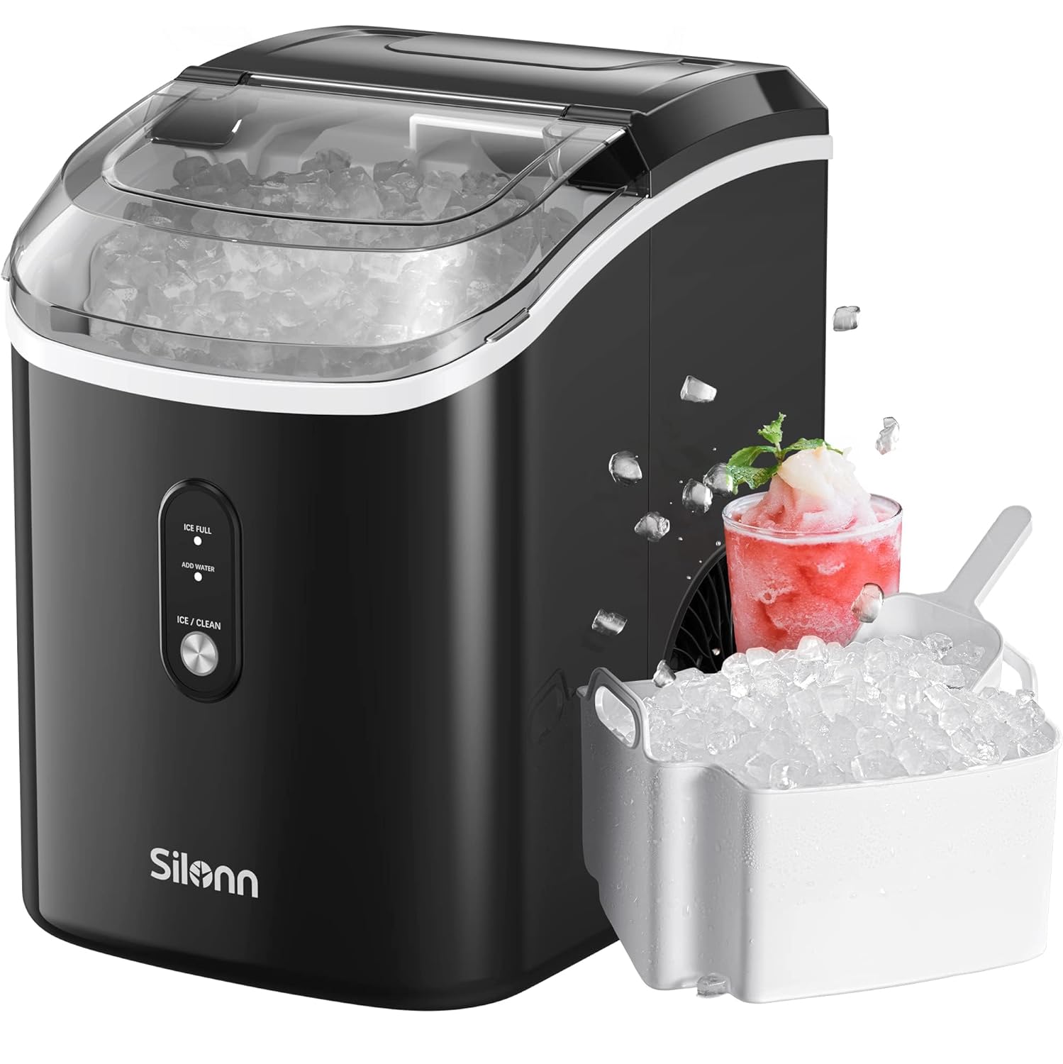 Nugget Countertop Ice Maker with Soft Chewable Ice, 34lbs/24H, Pebble Portable Ice Machine with Ice Scoop, Self-Cleaning - White