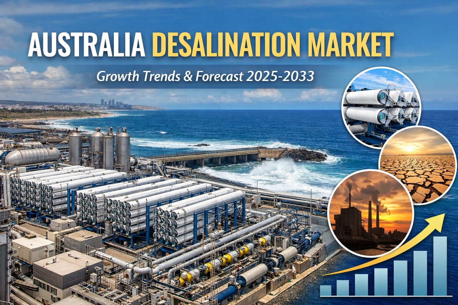 ** Modern coastal desalination plant converting ocean water into fresh drinking water in Australia
