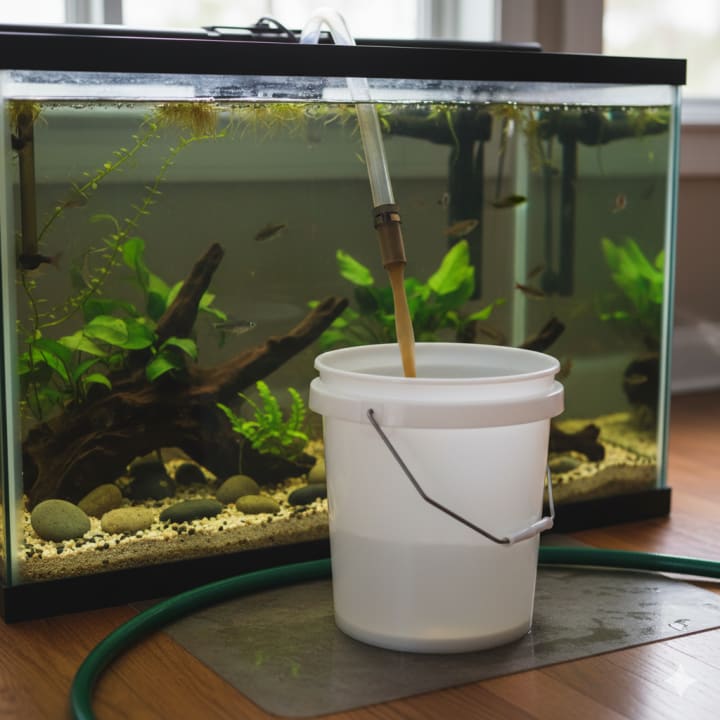 水槽からホースで白いバケツへ水を移す場面