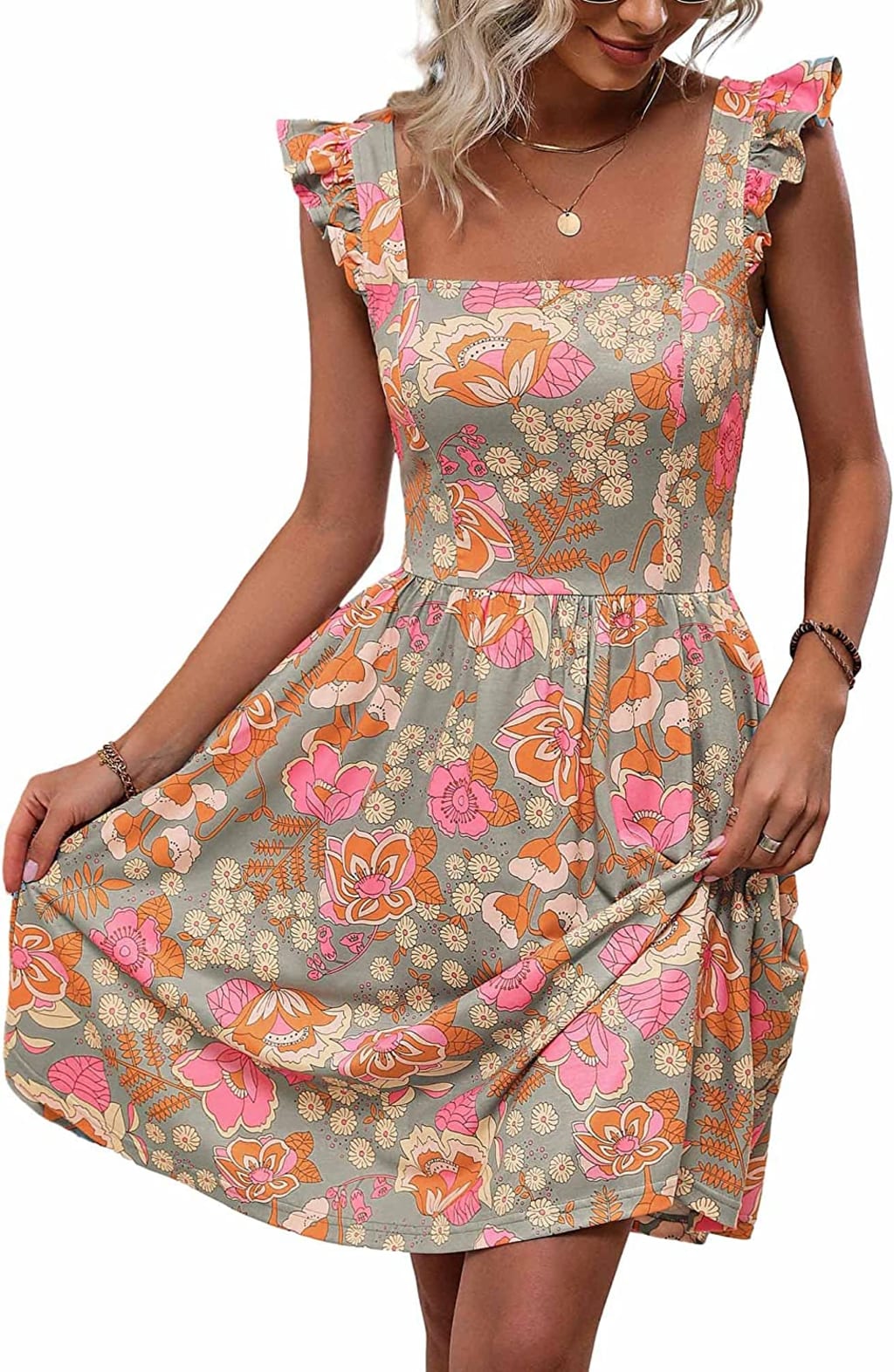 Loemes Summer Cute Floral Flowy Knee Length Sundressses Beach Dress for Women  2023