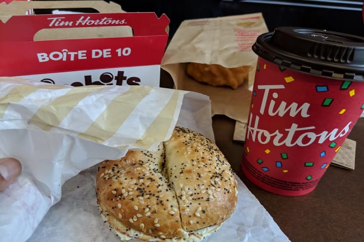 Menu at Tim Hortons cafe, Vancouver, 463 Robson St