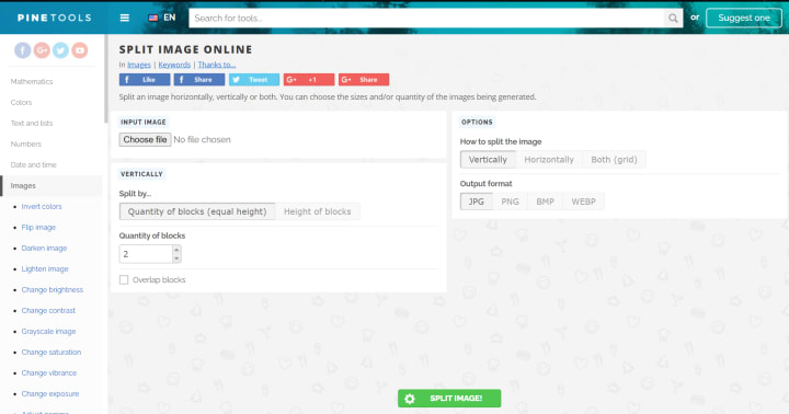 How to split image online with PineTools  Split photo into several parts  online 