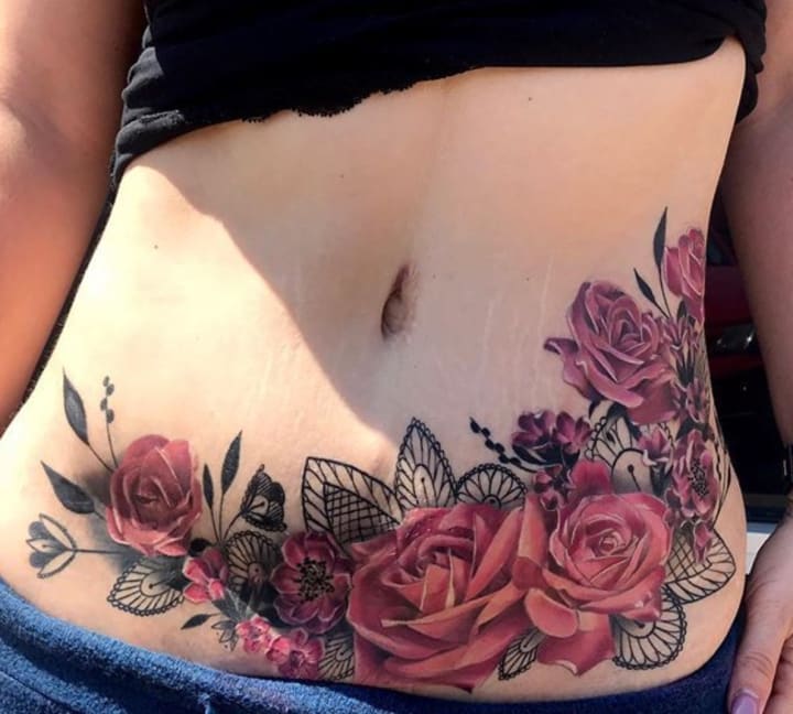 A beautiful tummy tuck scar cover up tattoo design creation by Tattoo Artist  C Are you considering a new tattoo Pm the page or  Instagram